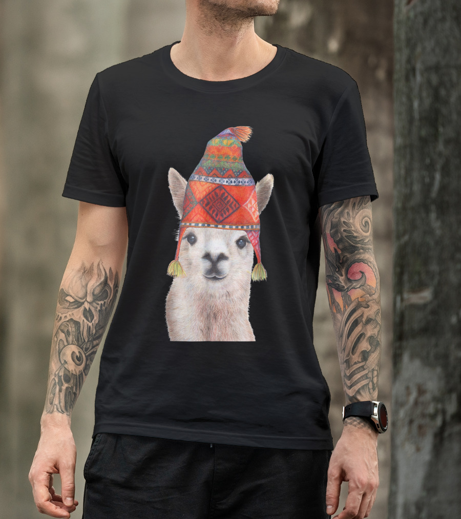 Llama Wearing Colorful Peruvian Hat Apparel For Men Women Children T-Shirt