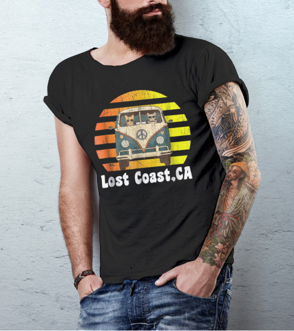 Lost Coast CA Road Trip Vintage Hippie Van With Peace Sign And Cats T-Shirt