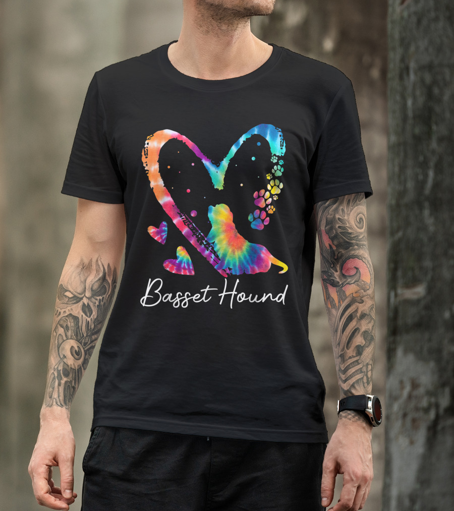 Basset Hound Heart Tie Dye Rainbow Paws T-Shirt