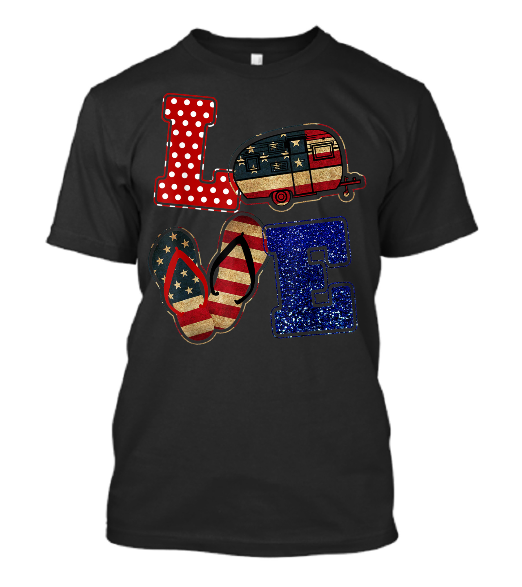 Love Camping American Flag Camper And Flip Flop 4th Of July T-Shirt
