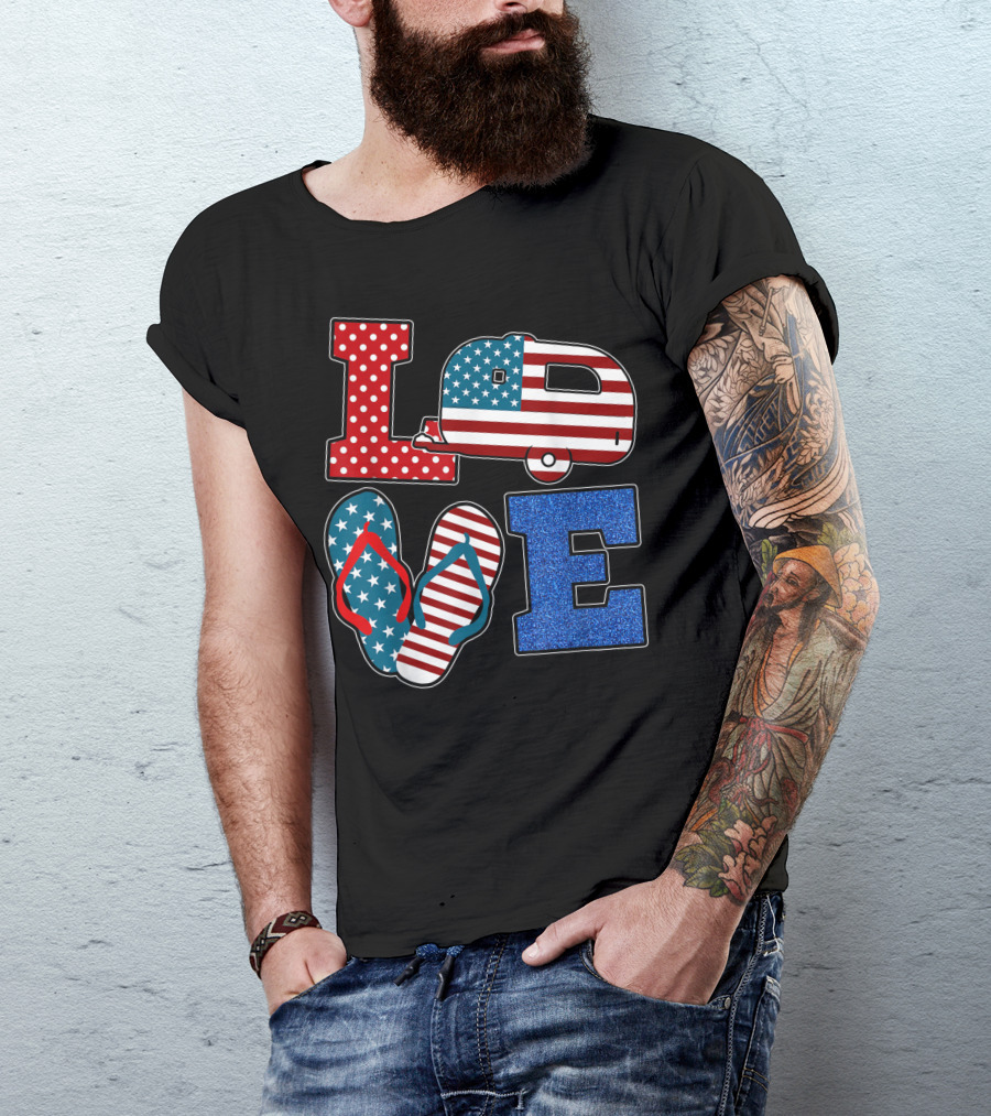 Love USA Flag Camper Flip Flop 4th Of July Camping T-Shirt