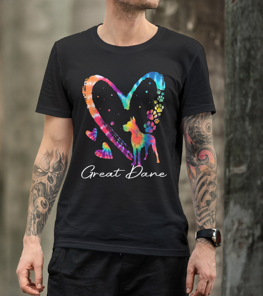 Great Dane Love Tie Dye Rainbow Heart Paw Prints T-Shirt