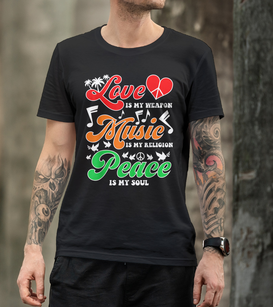 Love Heart Peace Music Notes Palm Trees Doves T-Shirt