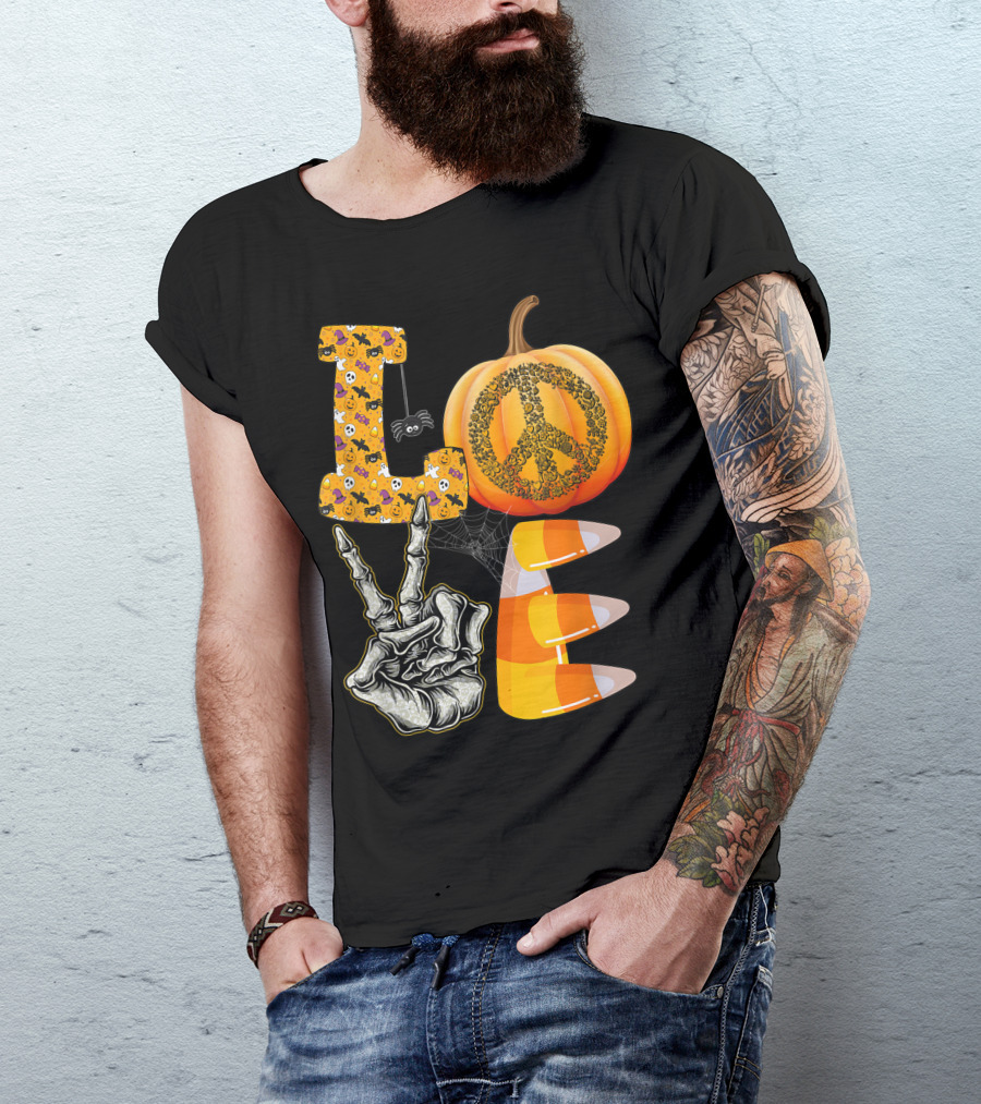Love Halloween Pumpkin Peace Candy Corn V Sign T-Shirt