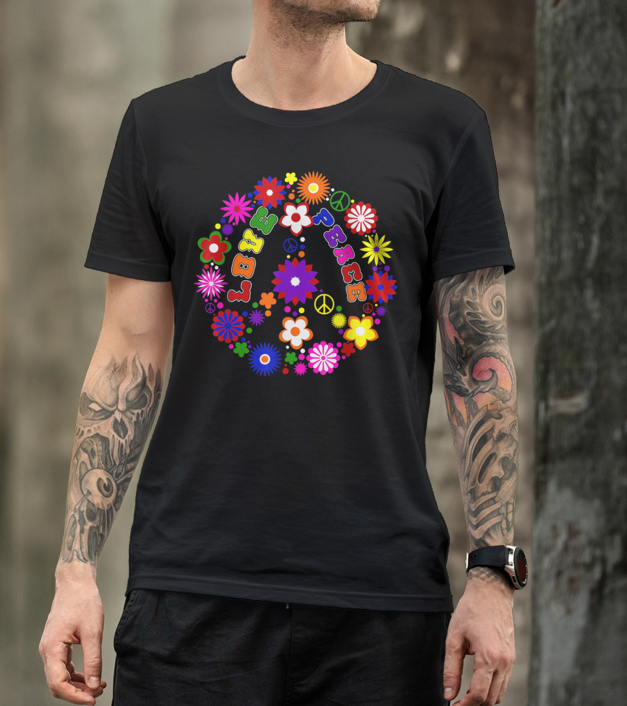 Love Peace Flowers Hippie Colorful 60s 70s Peace Sign T-Shirt