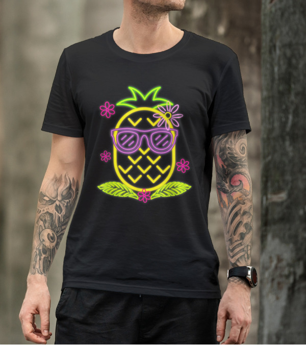 Luau Party Pineapple With Neon Sunglasses And Flowers For Hawaiian T-Shirt