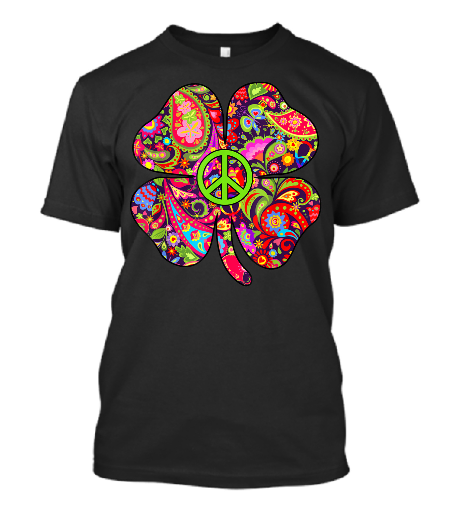 Lucky Shamrock Hippie Peace Sign St Patricks Day Psychedelic Paisley T-Shirt