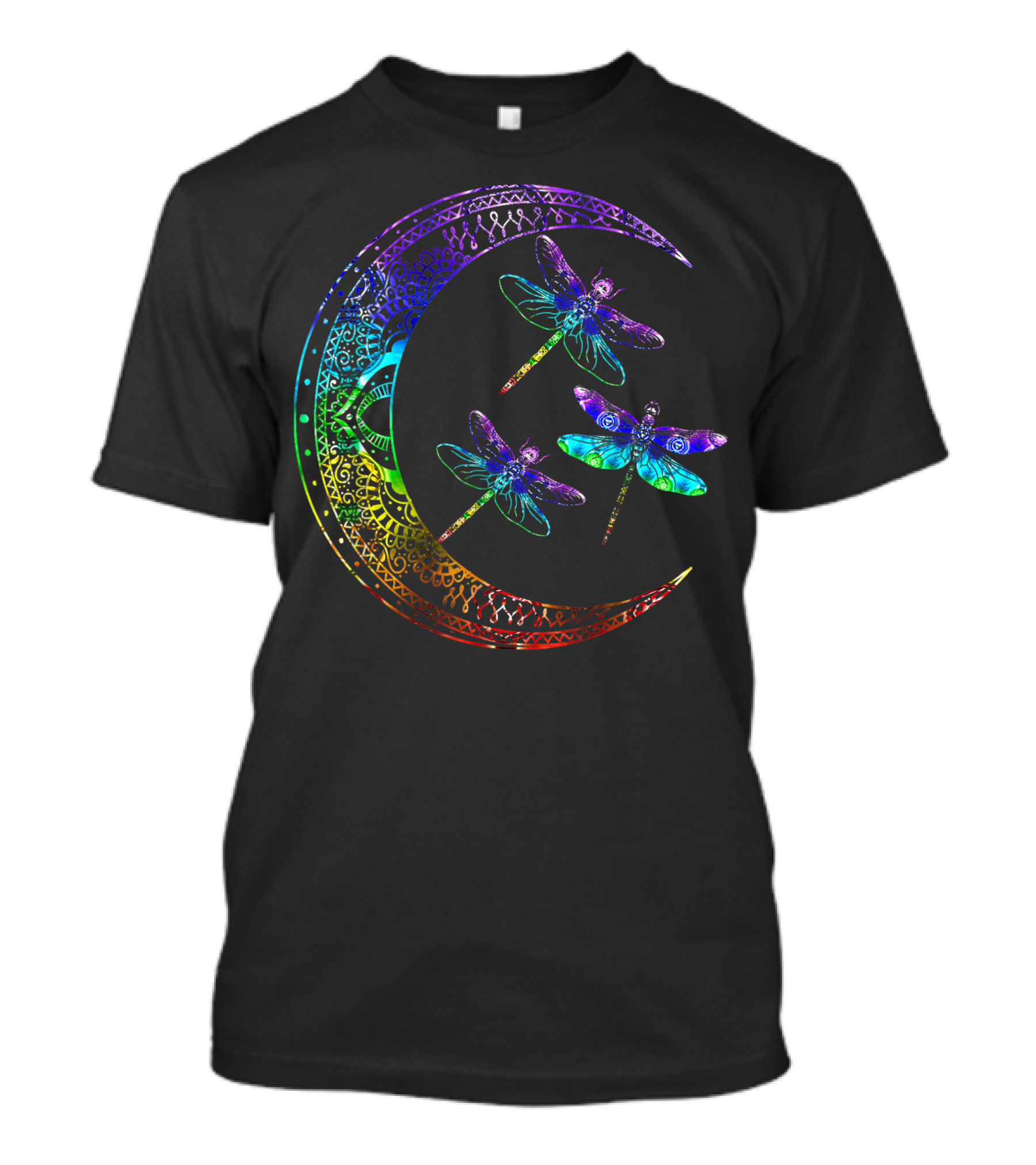 Mandala Crescent Moon With Colorful Dragonflies Chakra T-Shirt