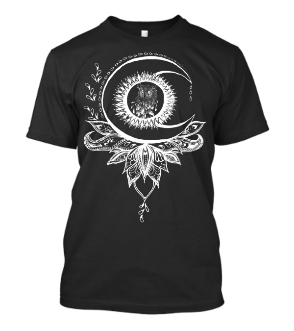 Mandala Lunar Sun Owl Design With Botanical Accents T-Shirt