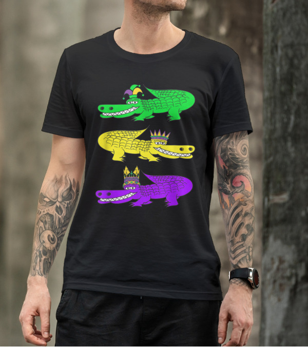 Mardi Gras Celebration Alligator Or Crocodile With Colorful Jester And Crown Accessories T-Shirt