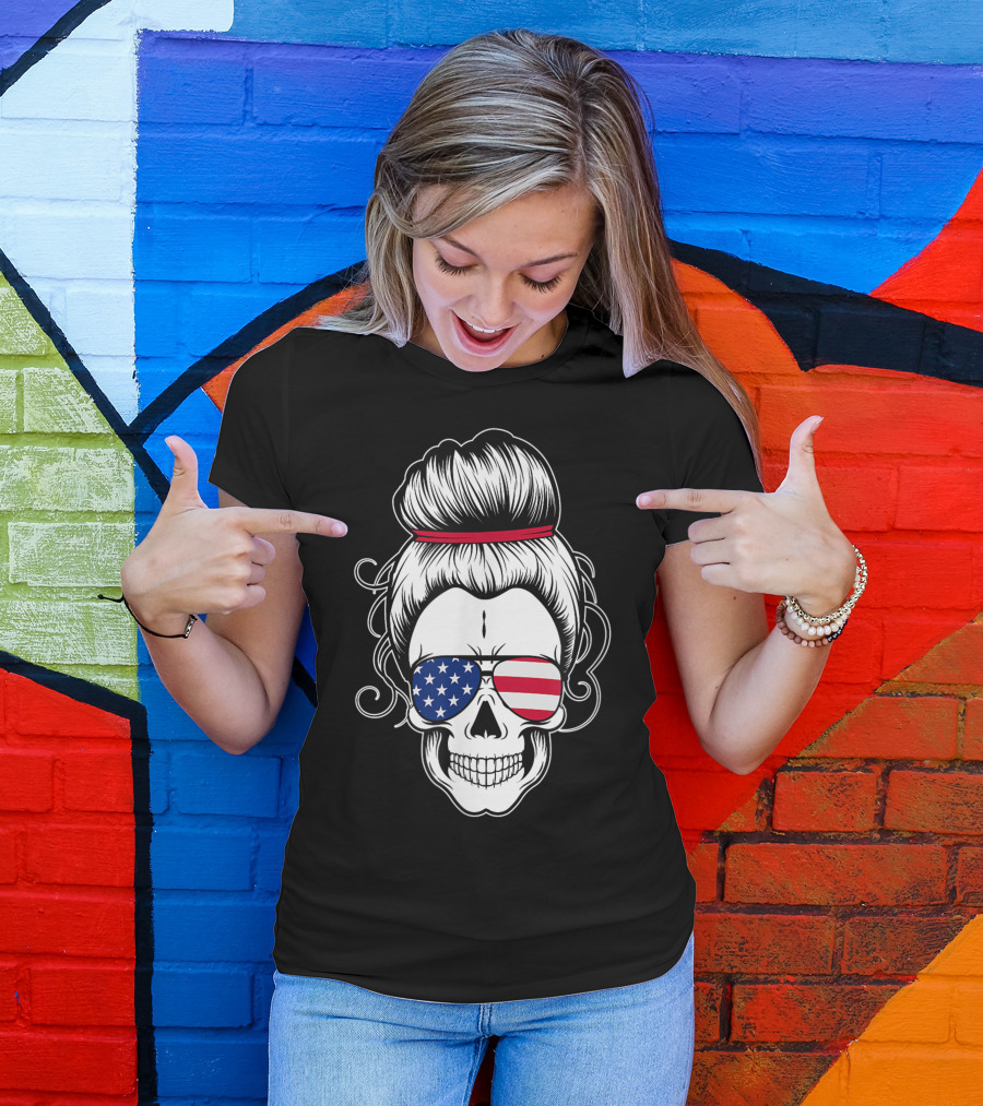 Messy Bun Skull With American Flag Sunglasses T-Shirt