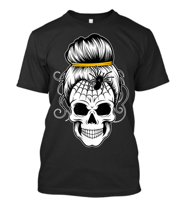Messy Bun Skull Halloween Spider Web Fun T-Shirt