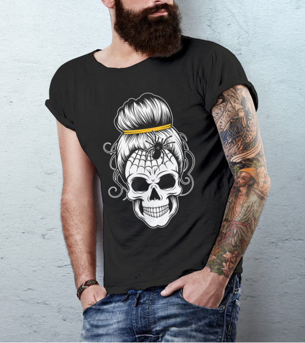 Messy Bun Skull Halloween Spider Web Fun T-Shirt