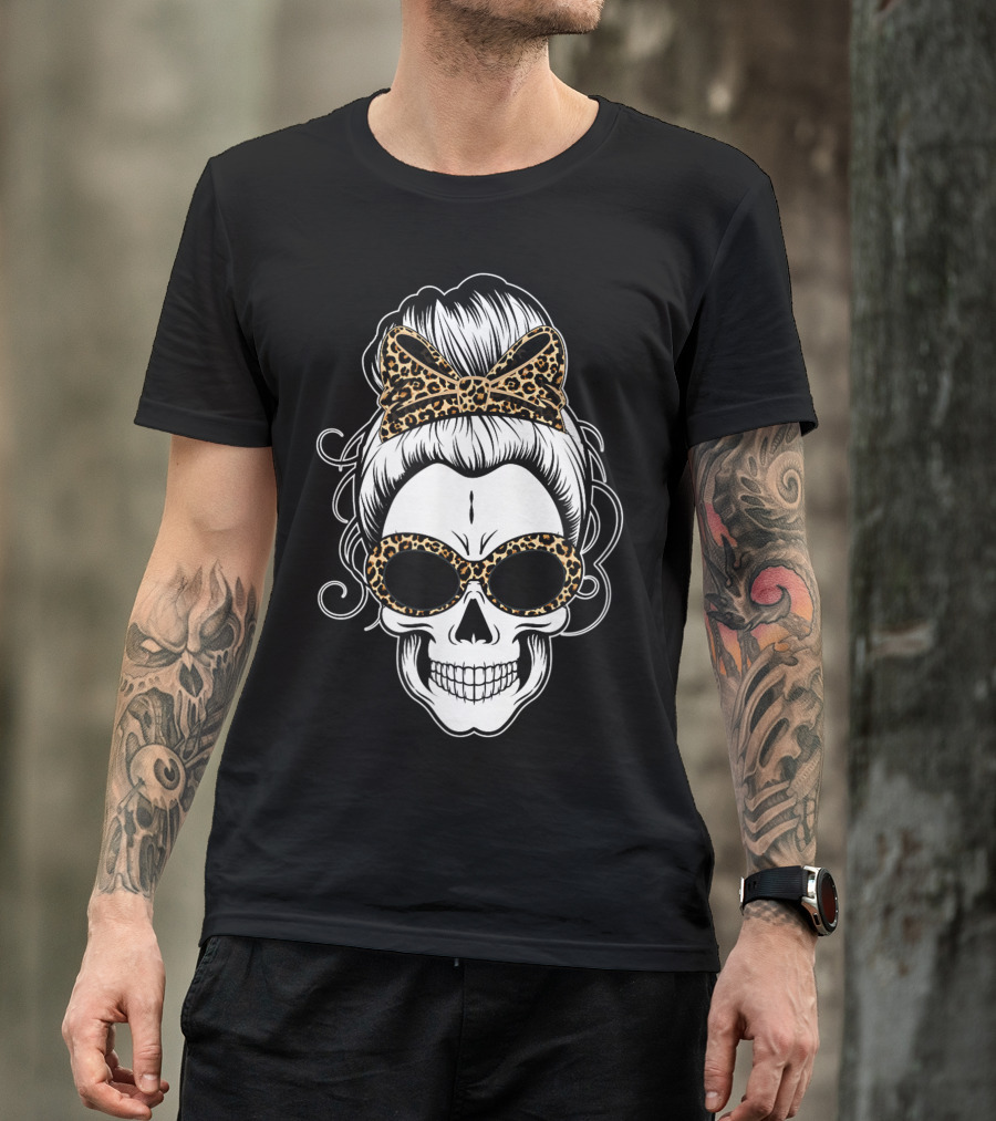 Messy Bun Skull Leopard Print Bow Sunglasses T-Shirt