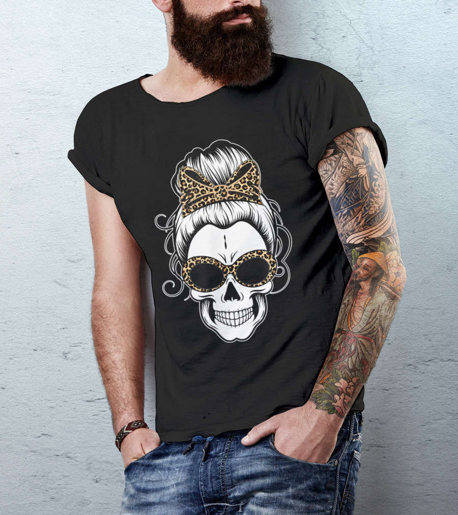 Messy Bun Skull Leopard Print Bow Sunglasses T-Shirt