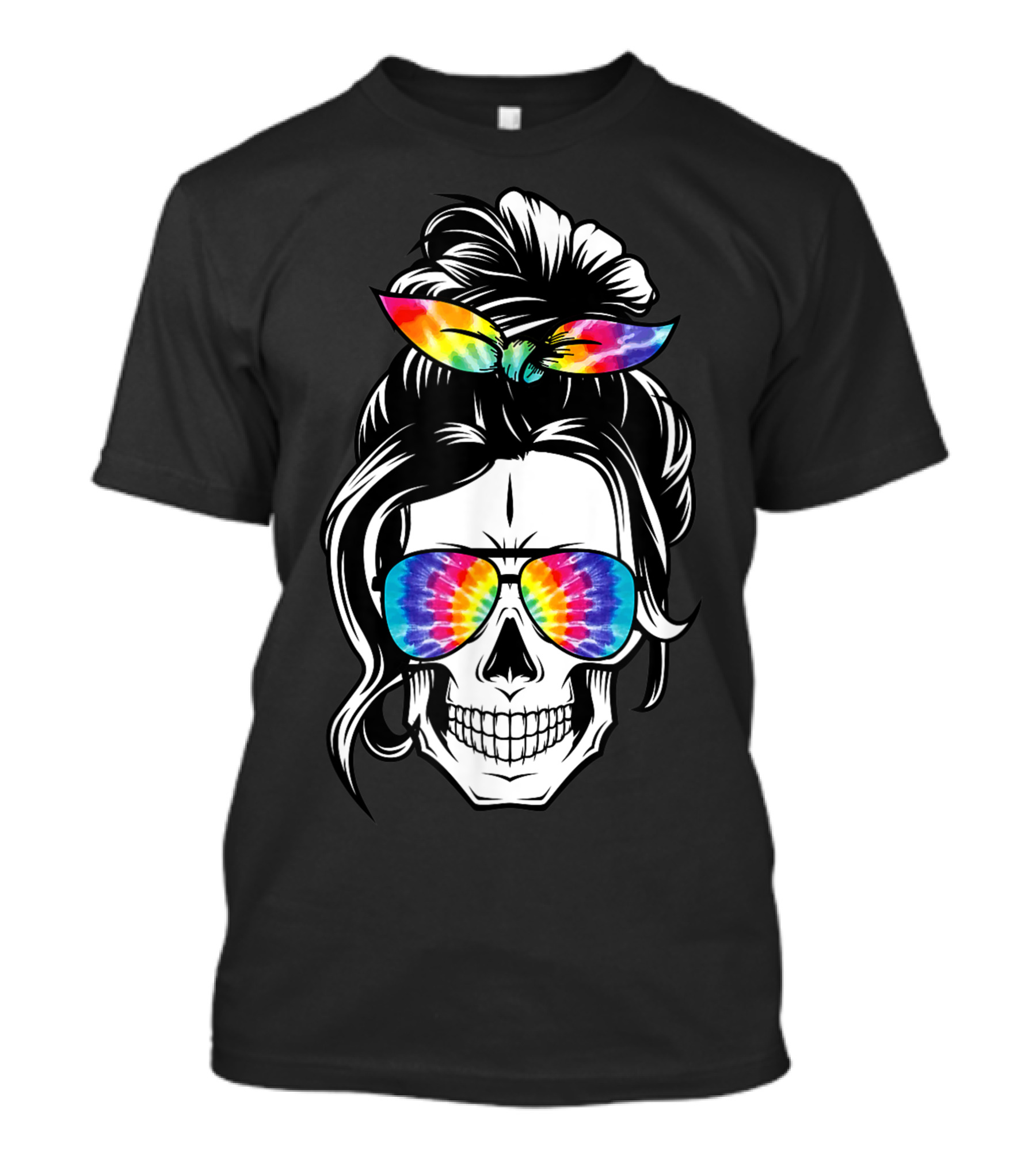 Messy Bun Skull With Tie Dye Bandana And Sunglasses T-Shirt