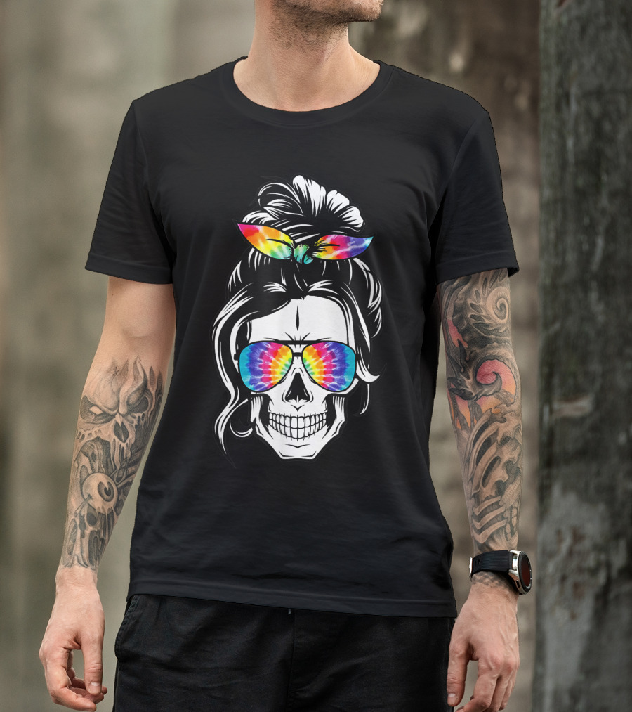 Messy Bun Skull With Tie Dye Bandana And Sunglasses T-Shirt