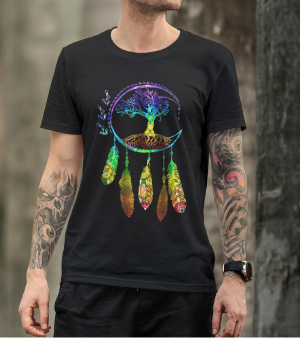 Moon Dream Catcher Feathers Colorful Tree Of Life T-Shirt