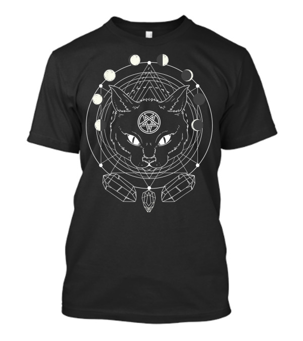 Moon Phases Cat Pentagram Pagan Witch Wicca Wiccan Crystals T-Shirt