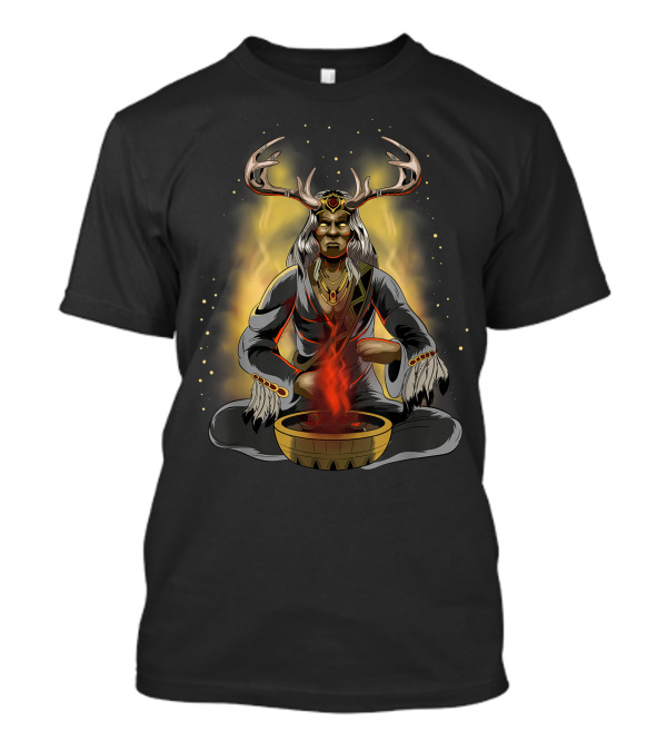 Native American Indian Shaman With Antler Headdress And Mystical Aura T-Shirt