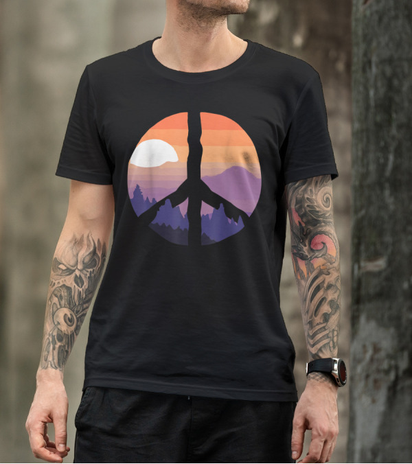 Nature Peace Sign Sunset Mountains 60s 70s Hippies T-Shirt