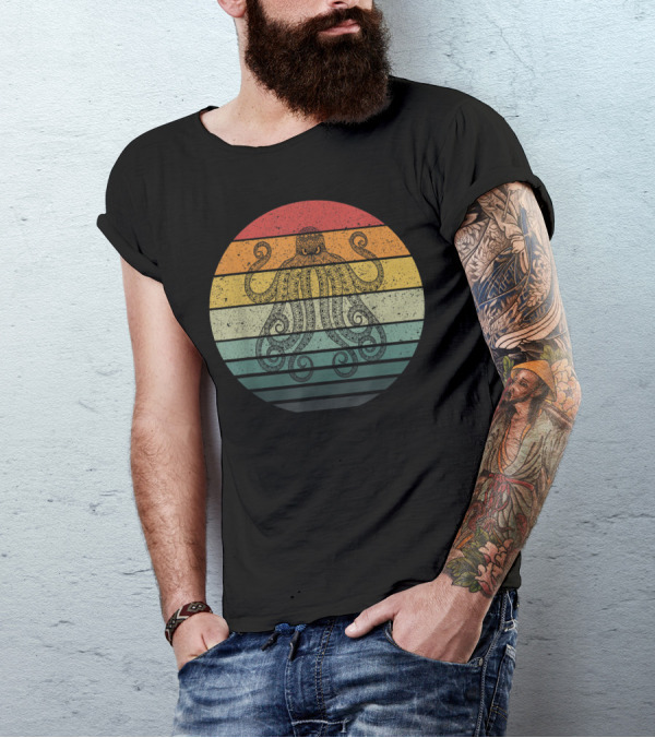 Octopus Vintage Retro Sunset Stripes T-Shirt
