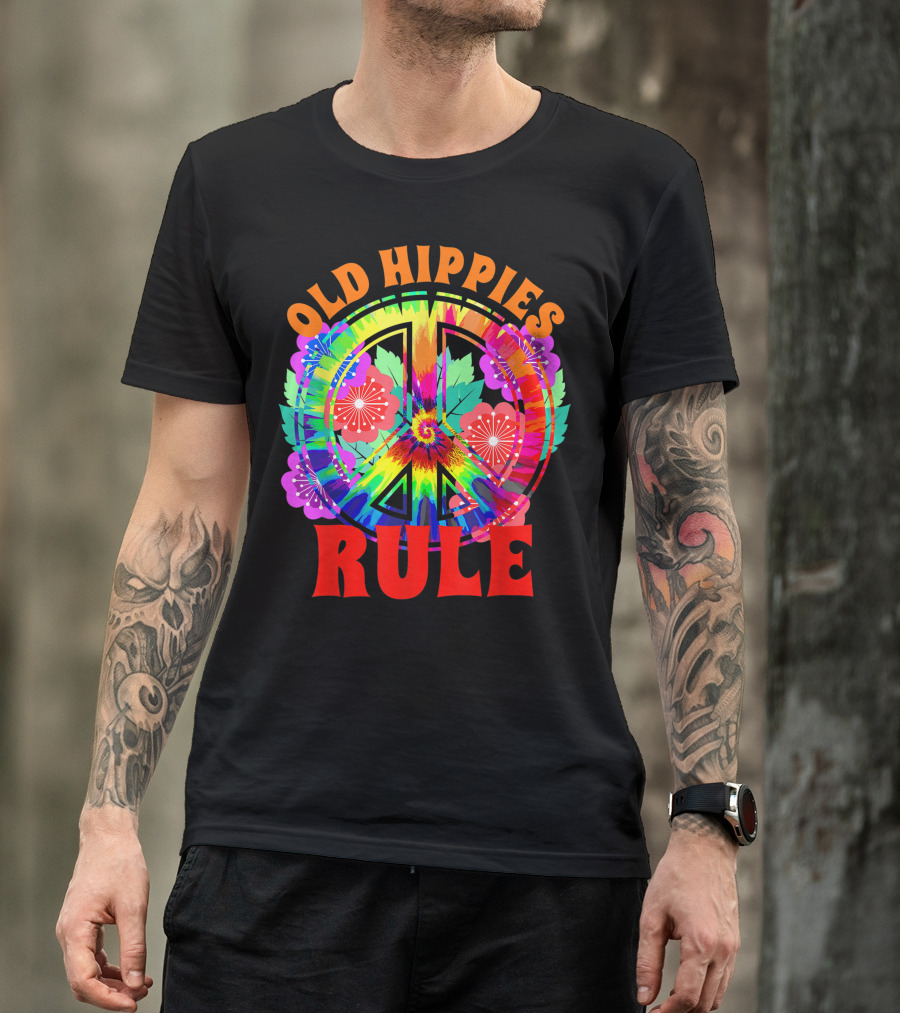 Old Hippies Rule Flower Peace Sign 60s 70s Bohemian Bright Tie-Dye T-Shirt