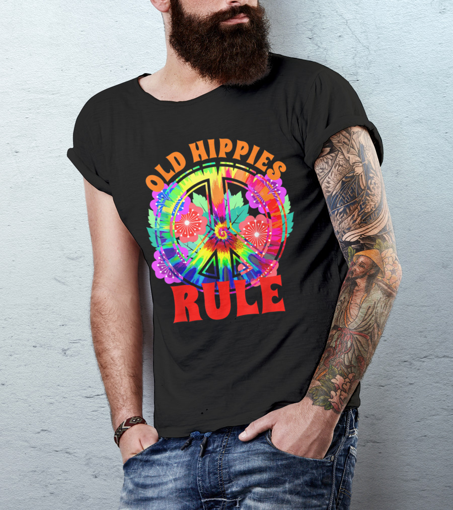 Old Hippies Rule Flower Peace Sign 60s 70s Bohemian Bright Tie-Dye T-Shirt