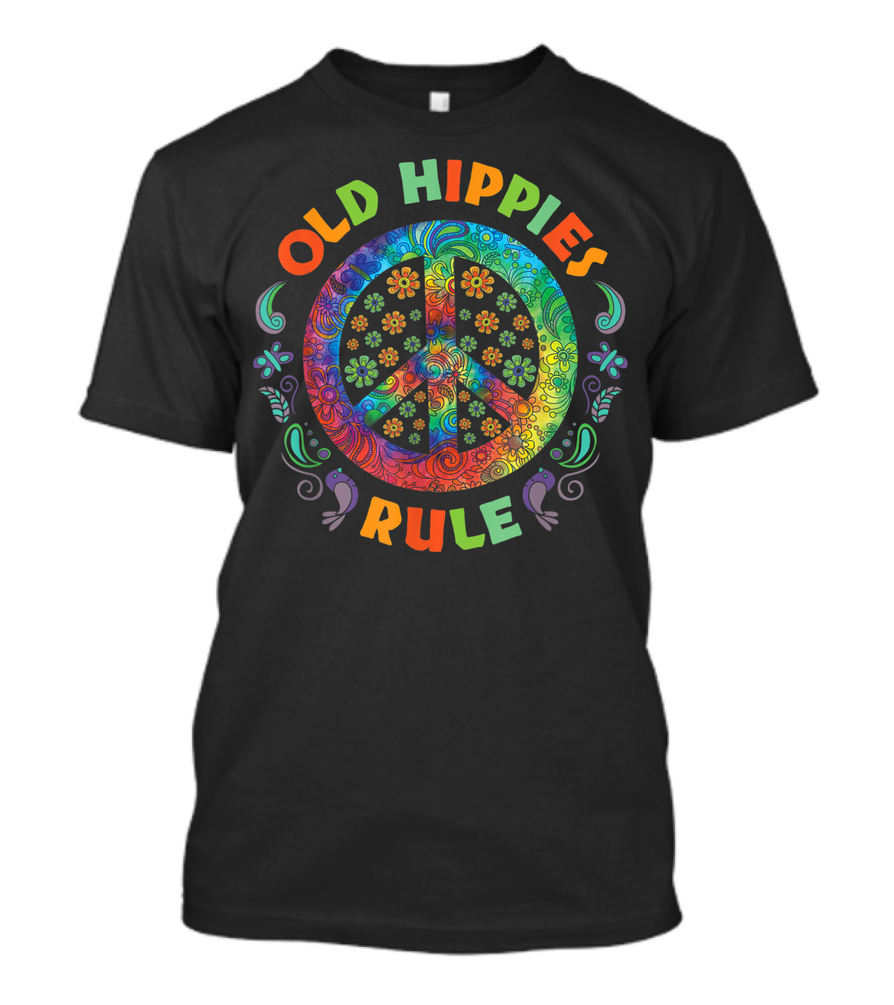 Old Hippies Rule Hippie Vintage Costume Hippy Peace Sign Rainbow Flowers T-Shirt