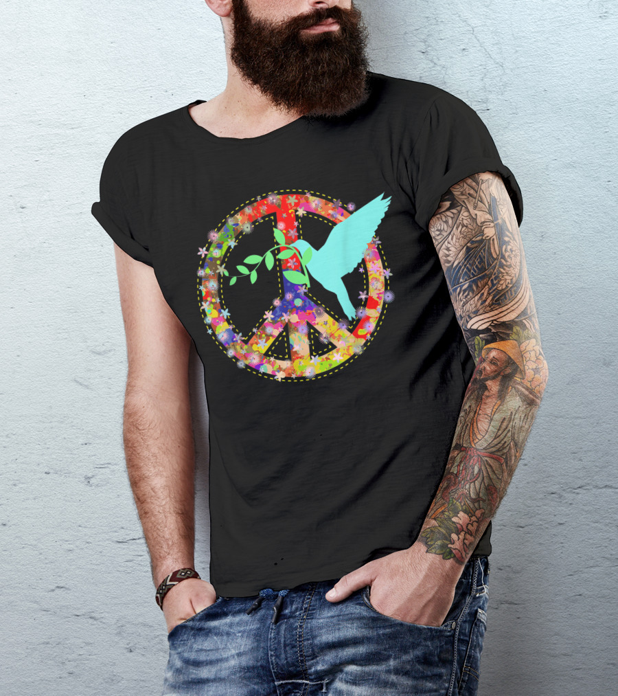 Peace Dove With Flower Power Hippie Sign 60s 70s Colorful T-Shirt