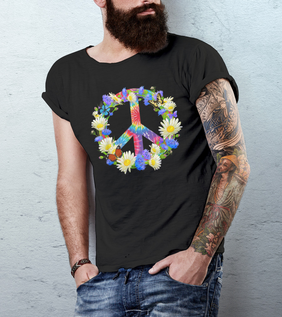 Peace In A World Where You Can Be Anything Be A Kind Tie-Dye Floral Peace Sign With Butterflies 3Z T-Shirt