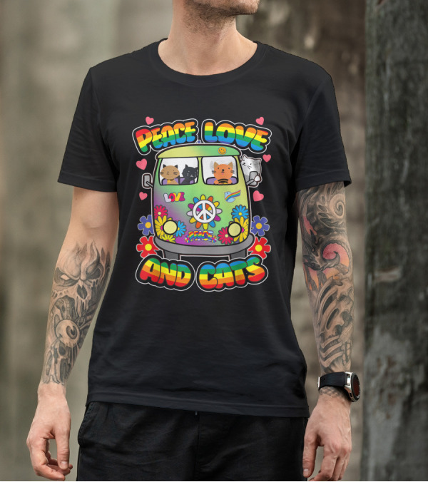 Peace Love And Cats Hippie Flower Power Groovy Van Rainbow T-Shirt