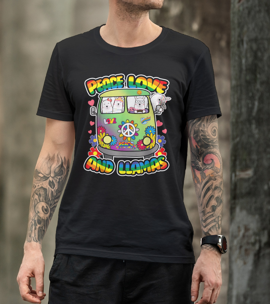 Peace Love And Llamas Groovy Flower Power Hippie Bus T-Shirt