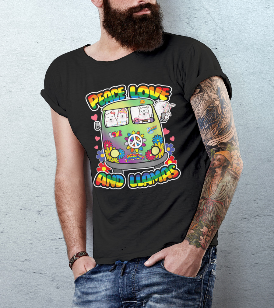 Peace Love And Llamas Groovy Flower Power Hippie Bus T-Shirt