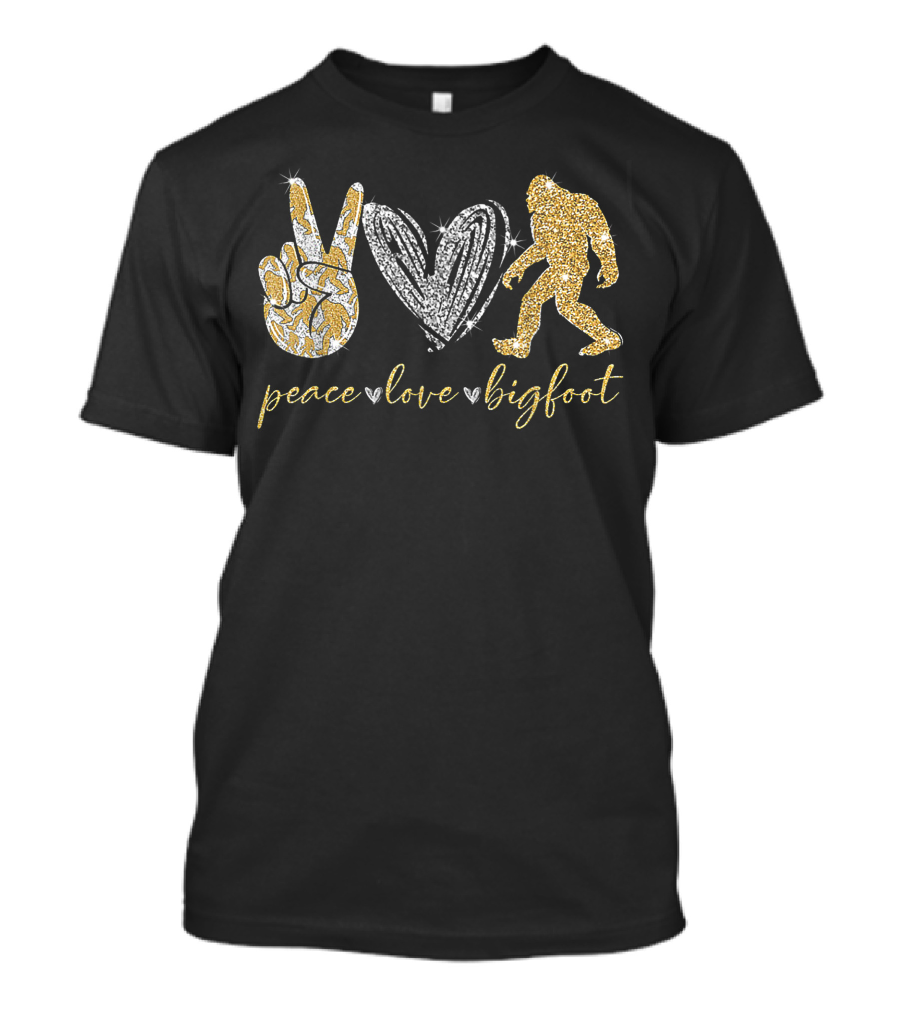 Peace Love Bigfoot Glitter Hand Heart Sasquatch T-Shirt