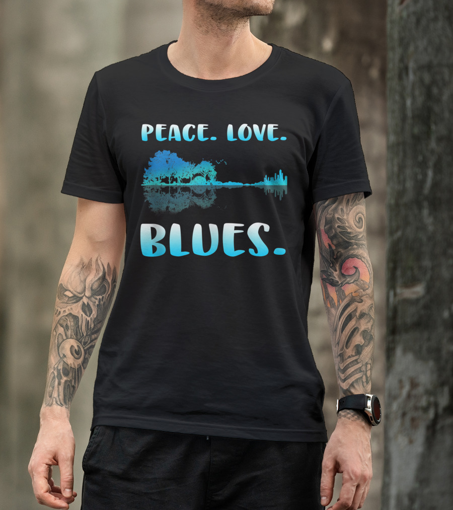 Peace Love Blues Guitar Shadow Lake Hippie 70s Music T-Shirt