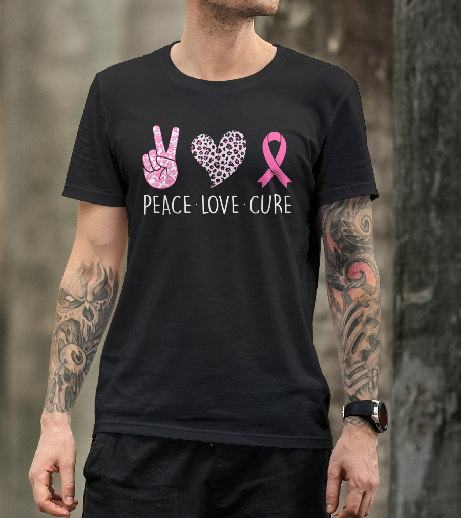Peace Love Cure Pink Ribbon Leopard Heart Breast Cancer Awareness T-Shirt