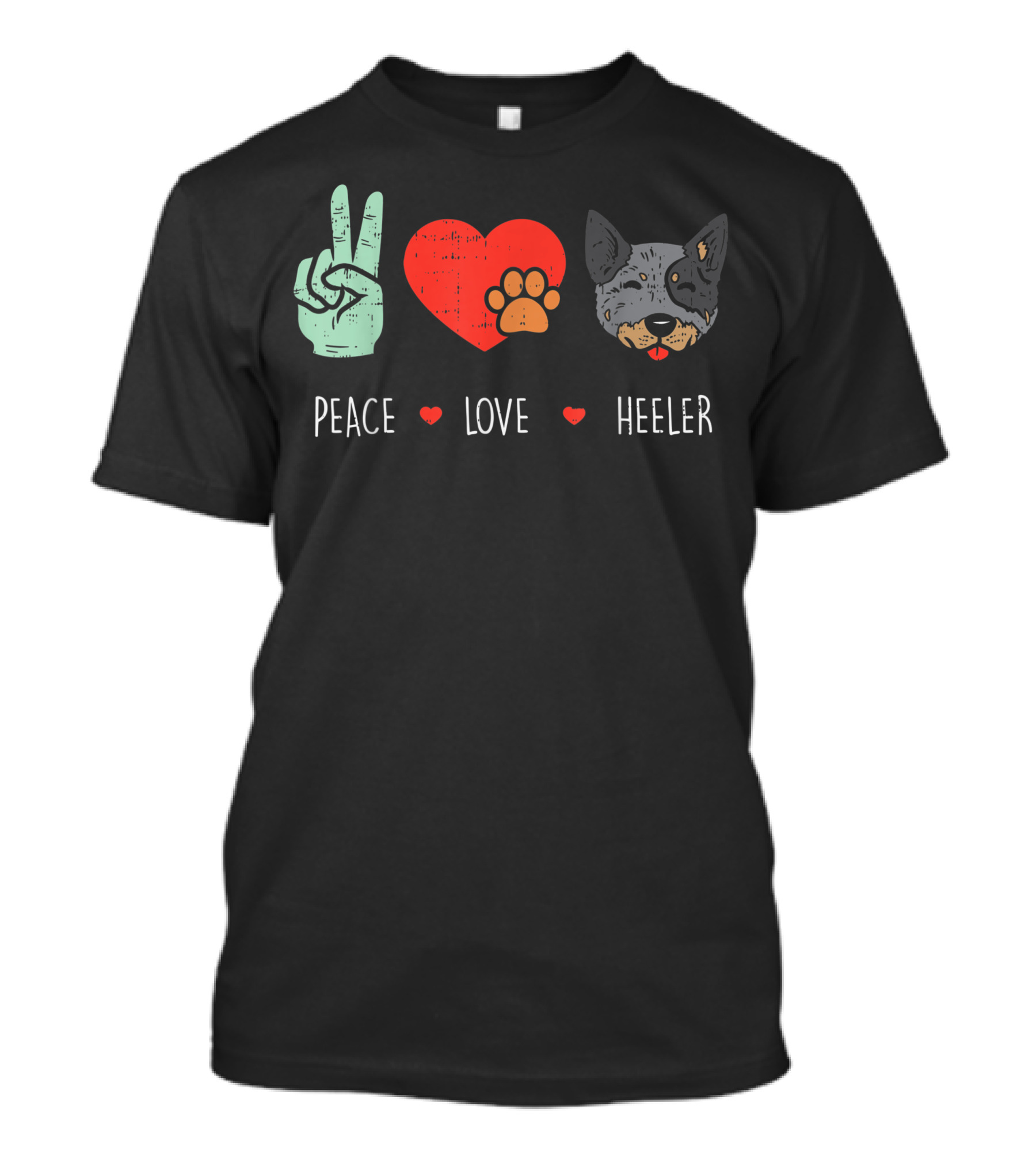 Peace Love Heeler Red Blue Cattle Dog Hippie Hippy T-Shirt