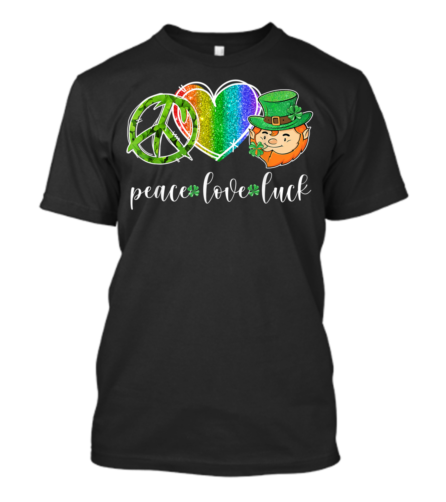 Peace Love Luck Rainbow Heart Leprechaun Hippie Happy T-Shirt
