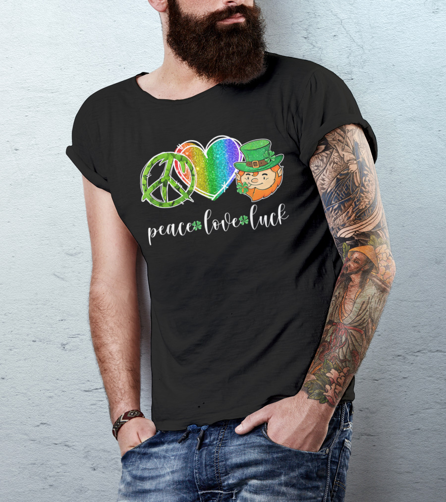 Peace Love Luck Rainbow Heart Leprechaun Hippie Happy T-Shirt