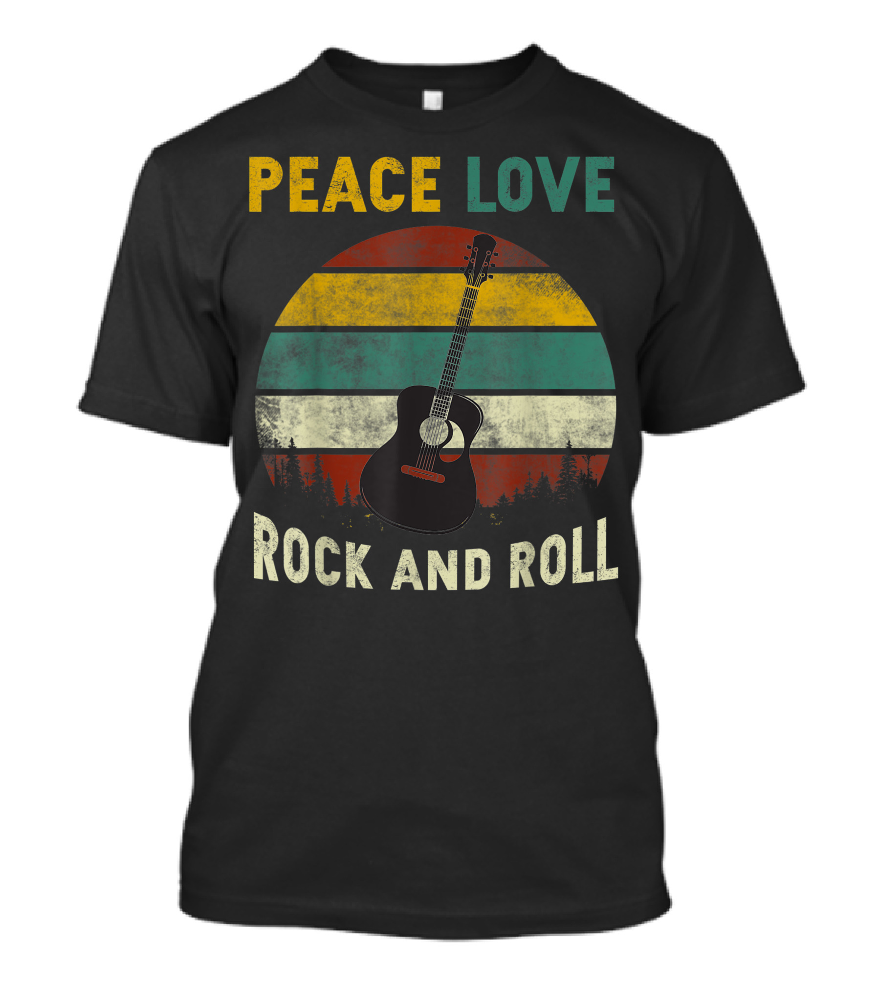 Peace Love Rock And Roll Vintage Guitar Sunset Forest T-Shirt