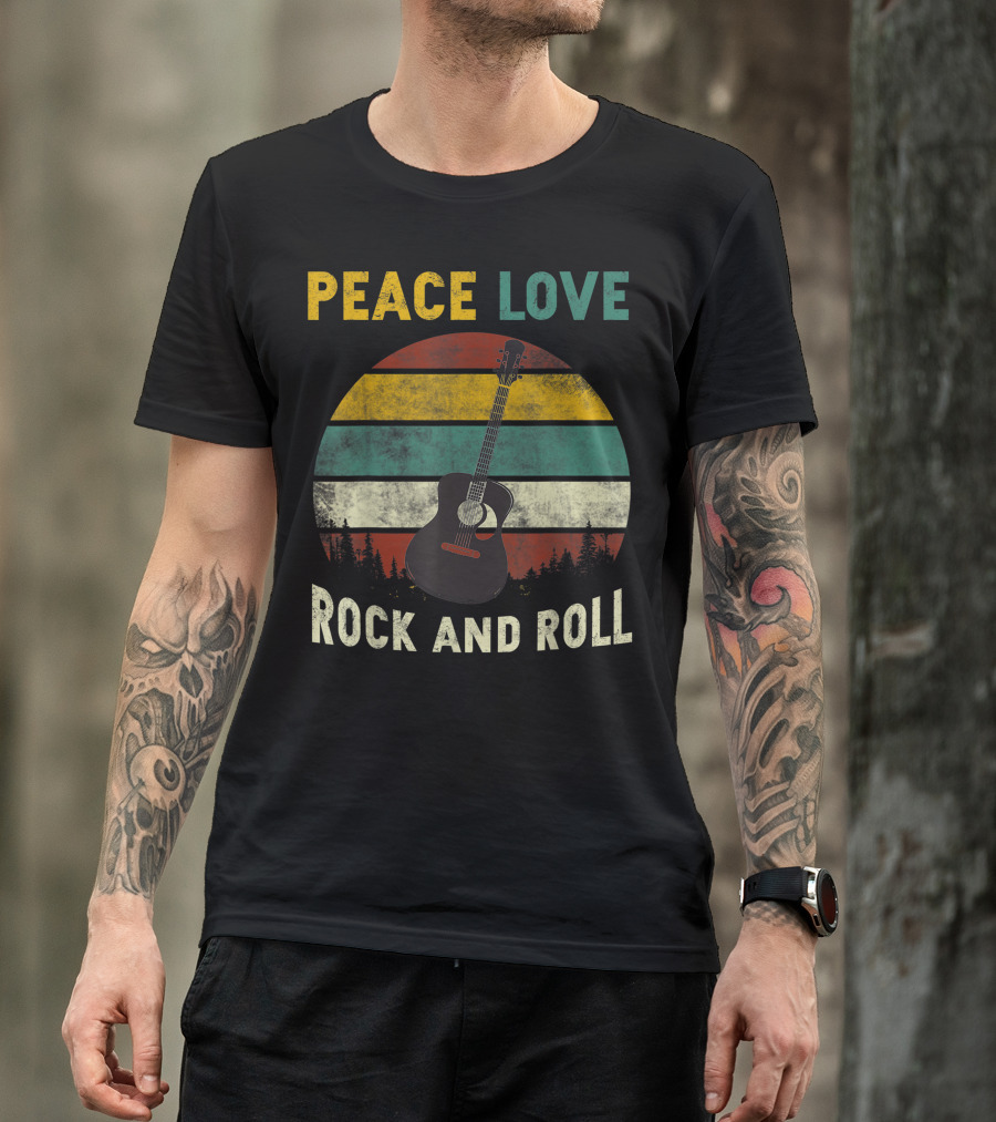 Peace Love Rock And Roll Vintage Guitar Sunset Forest T-Shirt
