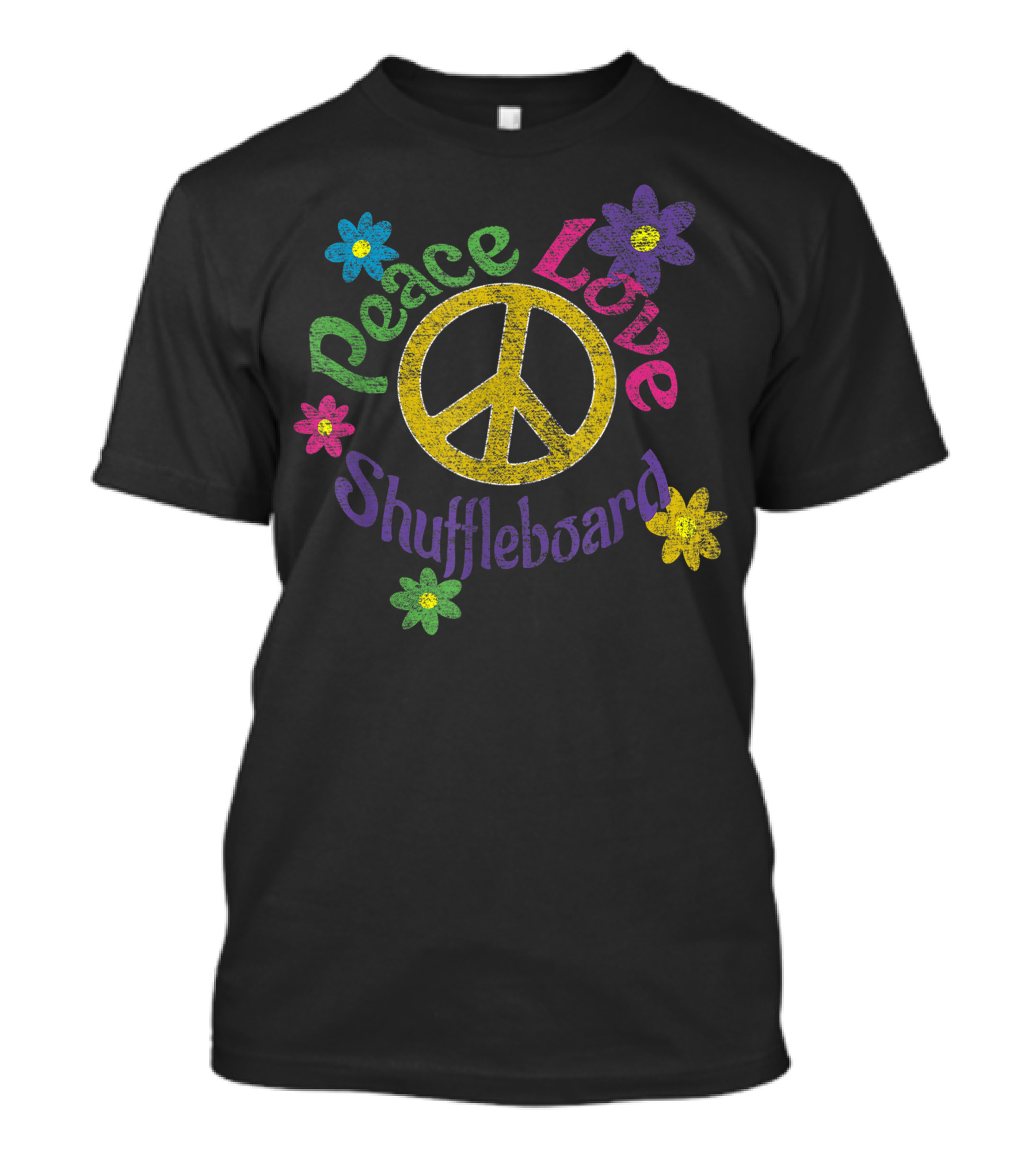 Peace Love Shuffleboard Flower Power Hippie Distressed Uf Peace Symbol Flowers T-Shirt