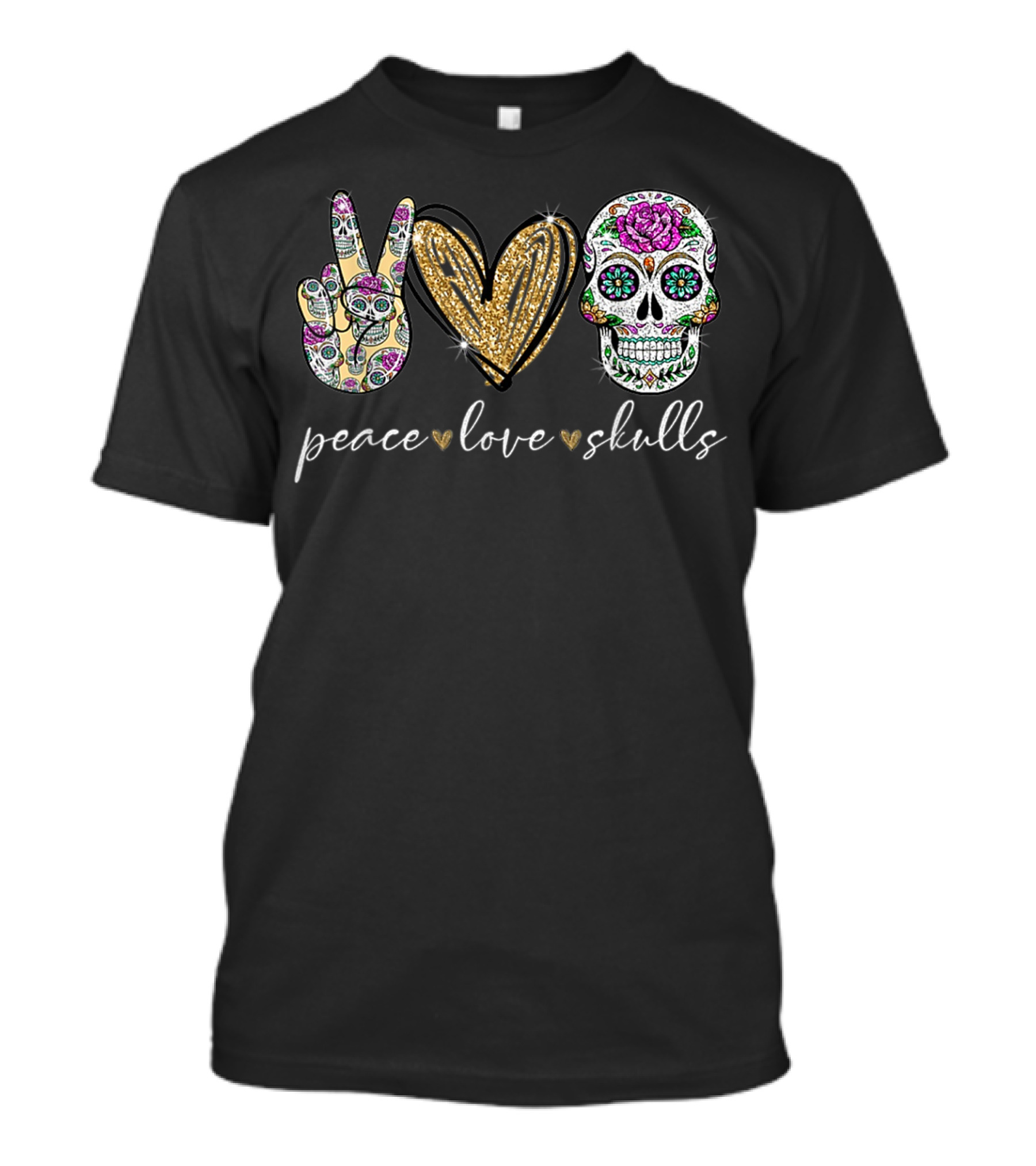 Peace Love Skulls Sugar Skull Hippie Heart T-Shirt