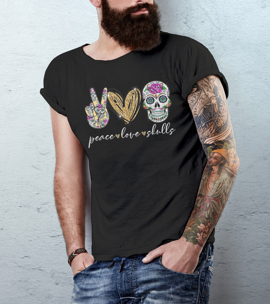 Peace Love Skulls Sugar Skull Hippie Heart T-Shirt