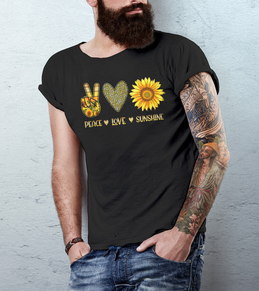 Peace Love Sunshine Leopard Print Sunflower Hand Sign T-Shirt