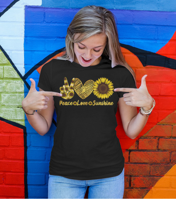 Peace Love Sunshine Sunflower Hippie Summer Lovers Peace Sign Heart Flower T-Shirt