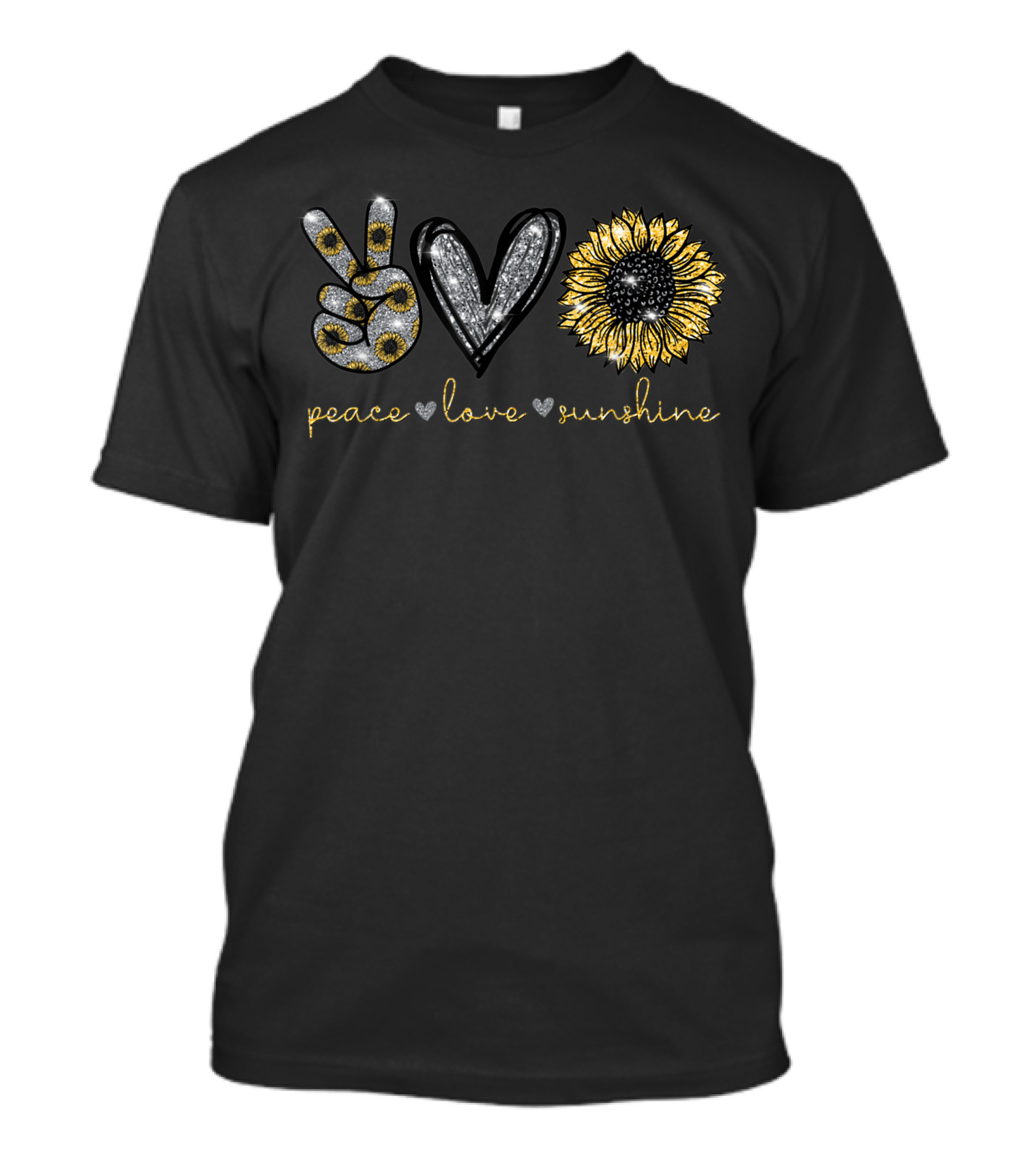 Peace Love Sunshine Sunflower Glitter Heart V Sign T-Shirt