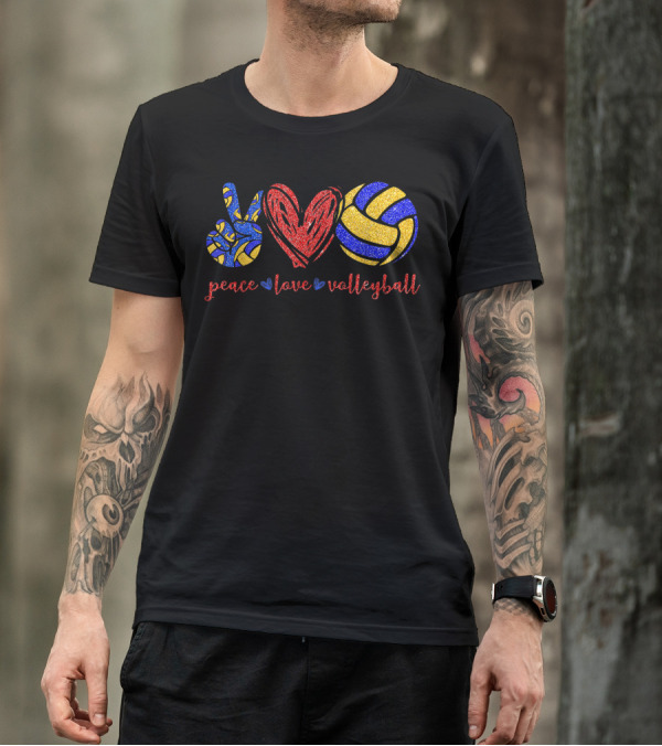 Peace Love Volleyball Glitter Heart And Peace Sign Volleyball Lovers T-Shirt