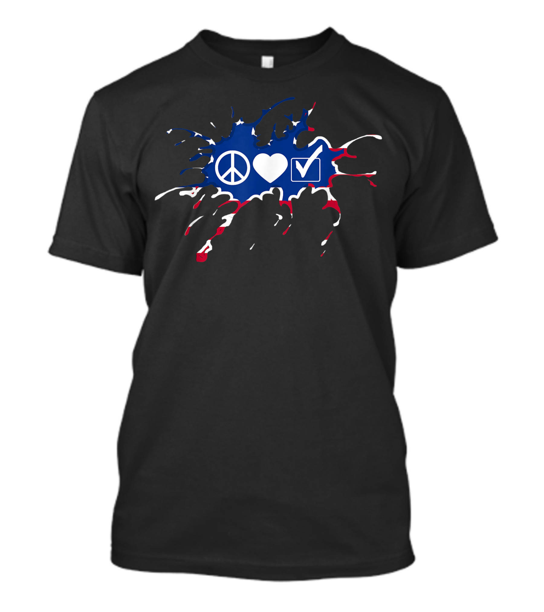 Peace Love Vote Peace Sign Heart Checkmark Red White Blue Splatter T-Shirt